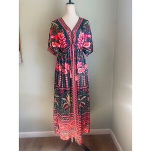 World Market Tropical Floral Maxi Dress Pink green Boho Tassel S/M NWT resort wh